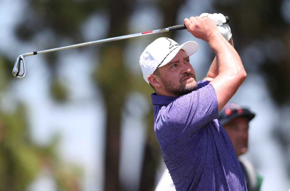 Justin Timberlake tees off on the 17th hole during round two of the American Century Championship at Edgewood Tahoe South golf course in South Lake Tahoe, Nevada Justin Timberlake tees off on the 17th hole during round two of the American Century Championship at Edgewood Tahoe South golf course in South Lake Tahoe, Nevada