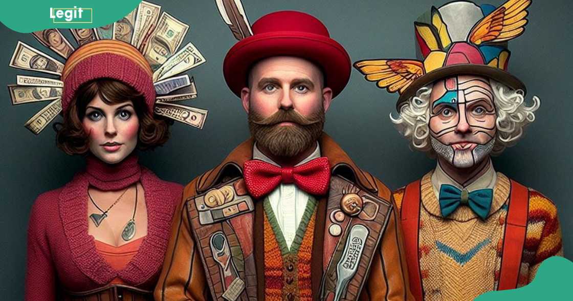 Three people in whimsical Rhyme Without Reason costumes Three people in whimsical Rhyme Without Reason costumes