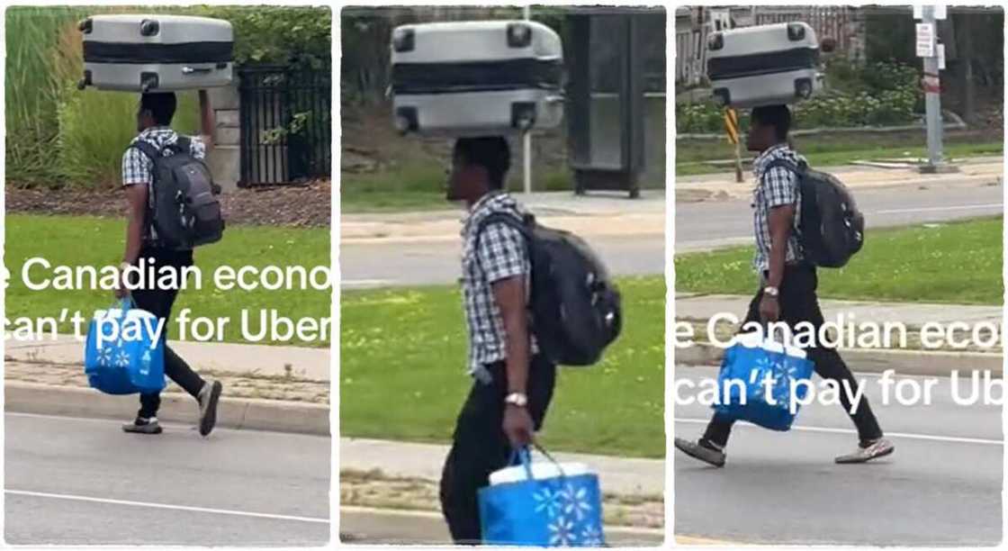 Photos of a man in Canada carrying his load on his head.