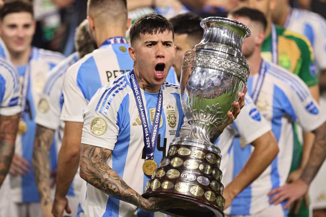 Enzo Fernandez celebrates with 2024 Copa America trophy