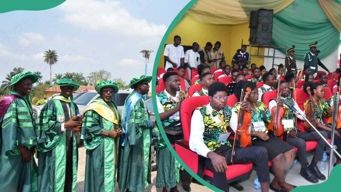 FUOYE staff members in academic dresses and the FUOYE band performivg FUOYE staff members in academic dresses and the FUOYE band performivg