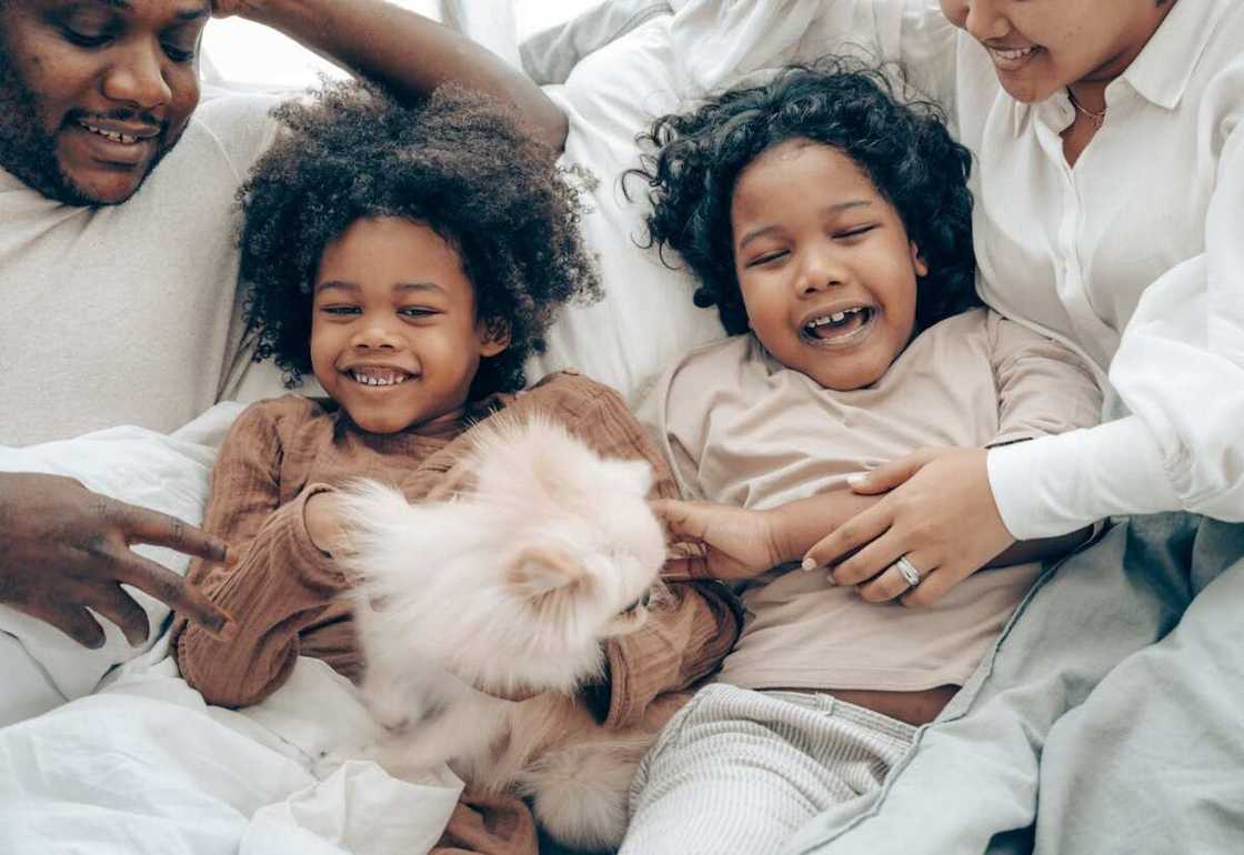 A couple with their two babies and a pet on the bed