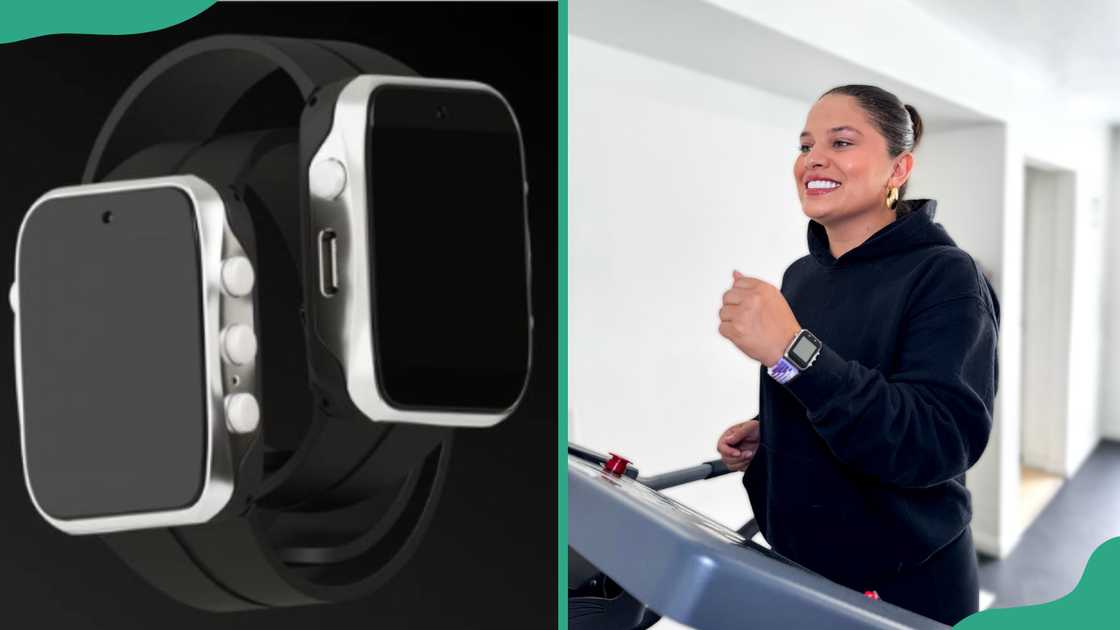 Pavlok Shock Clock displayed, and a lady in a gym showing her Pavlok wearable Pavlok Shock Clock displayed, and a lady in a gym showing her Pavlok wearable