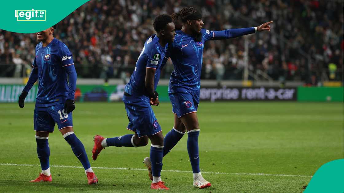 Jadon Sancho, Tyrique George, Noni Madueke, Chelsea, Legia Warsaw, The Jozef Pilsudski's Municipal Stadium, Warsaw, Poland, UEFA Europa Conference League. Jadon Sancho, Tyrique George, Noni Madueke, Chelsea, Legia Warsaw, The Jozef Pilsudski's Municipal Stadium, Warsaw, Poland, UEFA Europa Conference League.