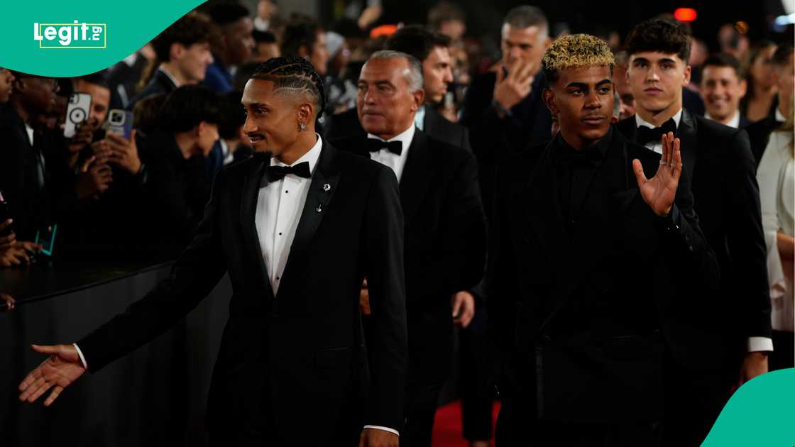 Lamine Yamal, Pau Cubarsi, Raphinha, Barcelona, Theatre du Chatelet, Ballon d'Or, Paris, France. Lamine Yamal, Pau Cubarsi, Raphinha, Barcelona, Theatre du Chatelet, Ballon d'Or, Paris, France.