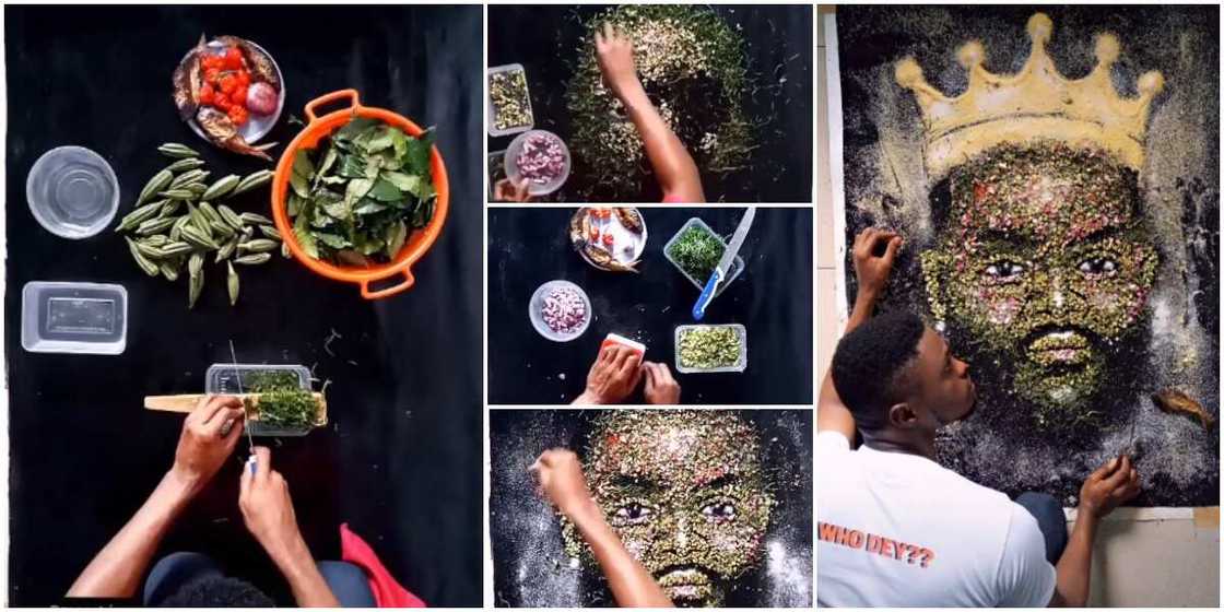 Artist makes Whitemoney's photo with food items. Artist makes Whitemoney's photo with food items.