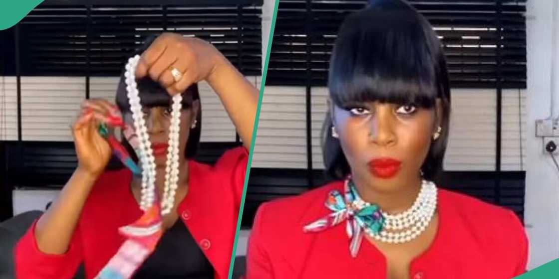 Lady teaches how to tie bow tie with scarf and bead