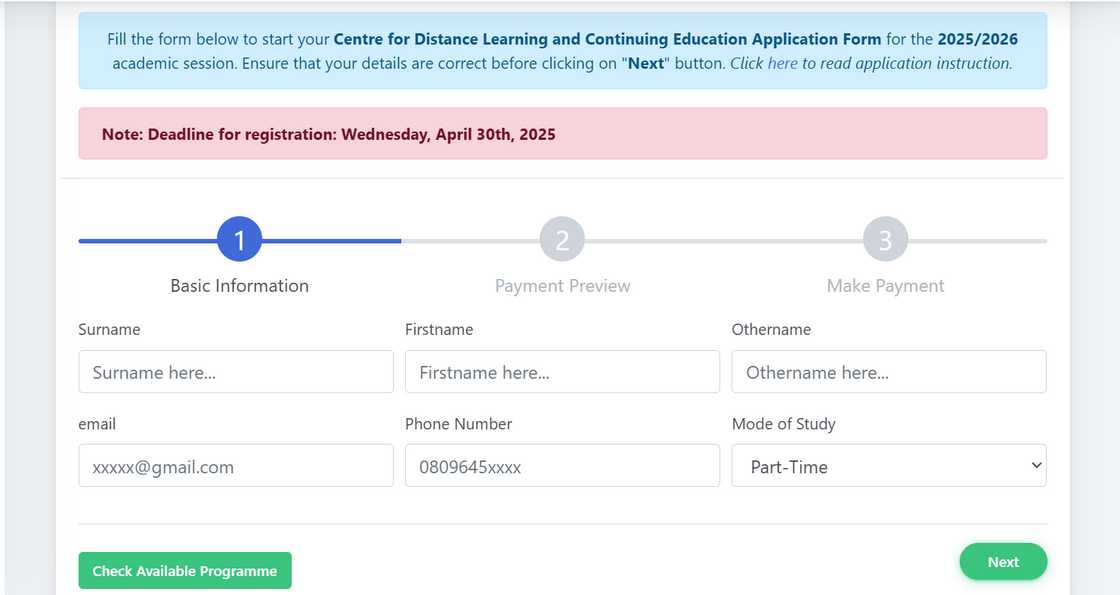 UniAbuja Centre for Distance Learning registration page