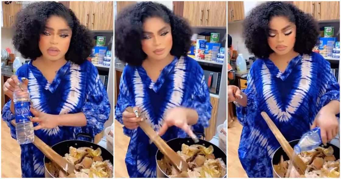 Bobrisky brags about using table water to cook. Bobrisky brags about using table water to cook.