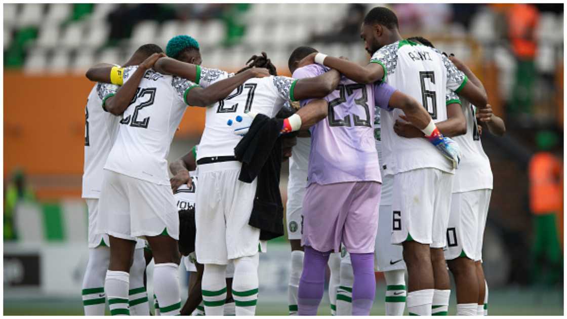 Nigeria players form a pre-match huddle prior to the CAF Africa Cup of Nations group stage match against Guinea-Bissau. Photo: Visionhaus. Nigeria players form a pre-match huddle prior to the CAF Africa Cup of Nations group stage match against Guinea-Bissau. Photo: Visionhaus.