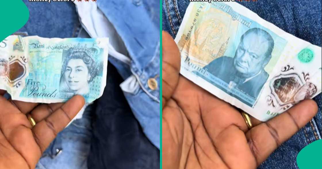 A Nigerian lady who sells Okrika clothes asks about the exchange rate as she finds British currency in her bale of clothes.