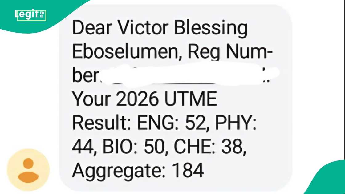 Screenshot of a UTME 2026 result showing a total score of 184 with subject breakdown in English, Physics, Biology, and Chemistry.