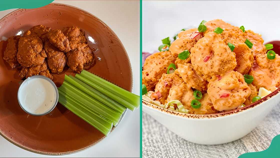 Buffalo chicken wings served with crisp celery sticks and a bowl of crispy, golden shrimp, tossed in a creamy, spicy sauce Buffalo chicken wings served with crisp celery sticks and a bowl of crispy, golden shrimp, tossed in a creamy, spicy sauce