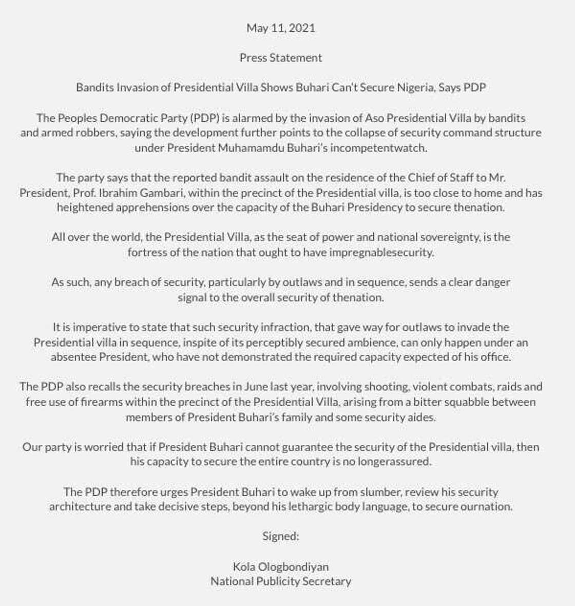 Yunkurin Fashi a Fadar Shugaban Kasa Ya nuna Buhari Ba Zai Iya Tsare Najeriya ba, PDP Yunkurin Fashi a Fadar Shugaban Kasa Ya nuna Buhari Ba Zai Iya Tsare Najeriya ba, PDP