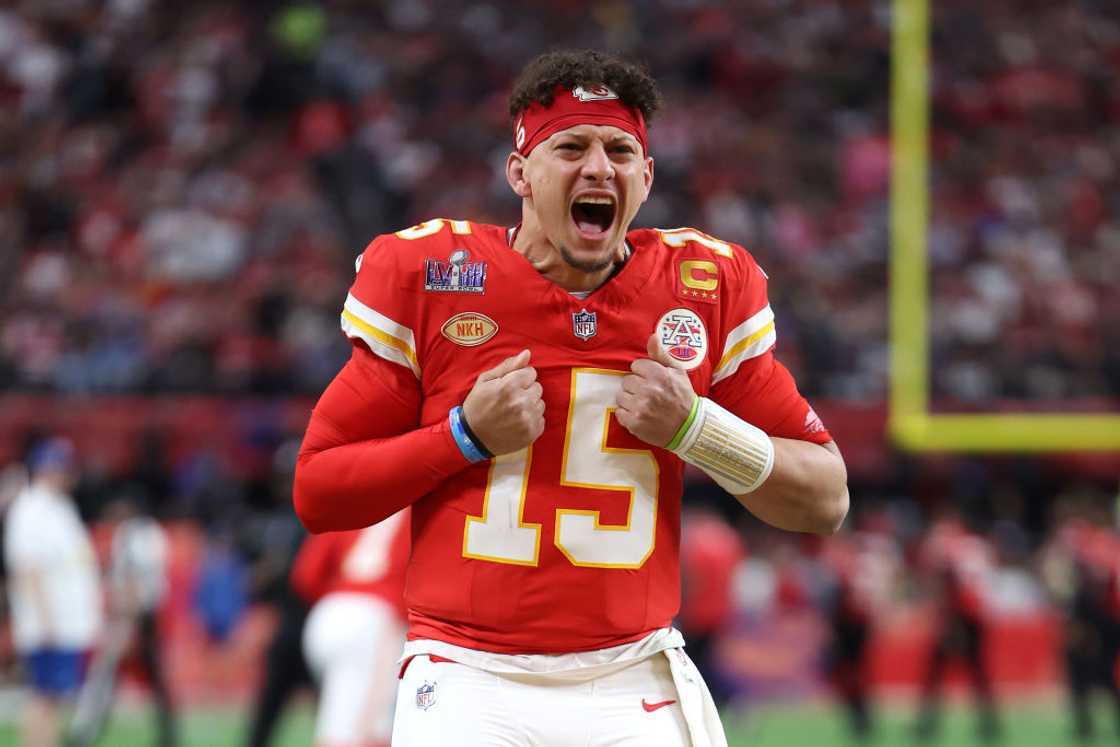 Patrick Mahomes reacts prior to Super Bowl LVIII against the San Francisco 49ers