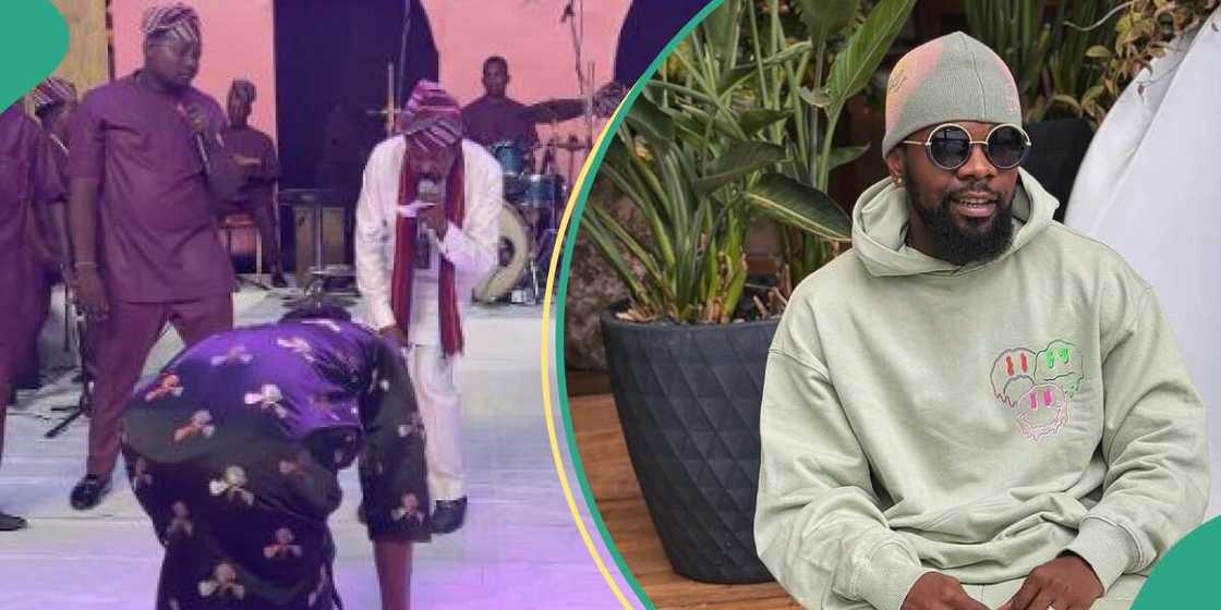 Patoranking prostrates for King Sunny Ade at event. Patoranking prostrates for King Sunny Ade at event.