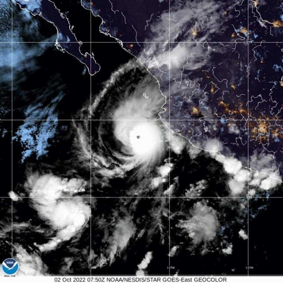Hurricane Orlene hurtles towards Mexico, in a handout satellite image provided by the National Oceanic and Atmospheric Administration on October 2, 2022 Hurricane Orlene hurtles towards Mexico, in a handout satellite image provided by the National Oceanic and Atmospheric Administration on October 2, 2022