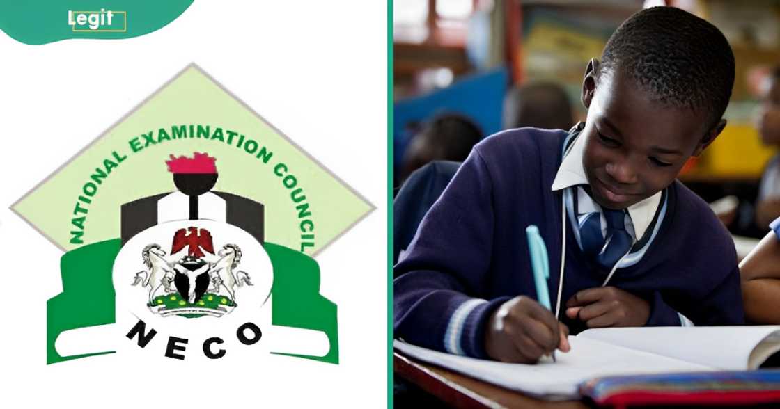 The National Examinations Council (NECO) logo (L). A pupil pictured as he writes the entrance examination. (R) The National Examinations Council (NECO) logo (L). A pupil pictured as he writes the entrance examination. (R)