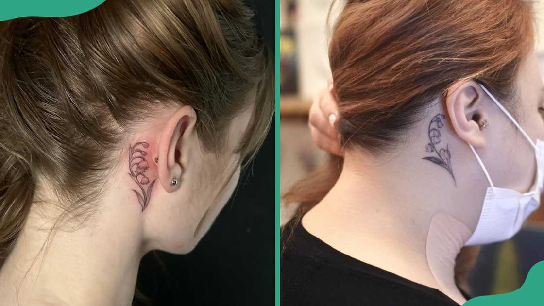 Behind the ear lily of the valley tattoo