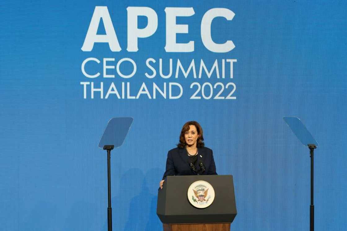 US Vice President Kamala Harris addresses the APEC CEO Summit during the Asia-Pacific Economic Cooperation (APEC) summit in Bangkok