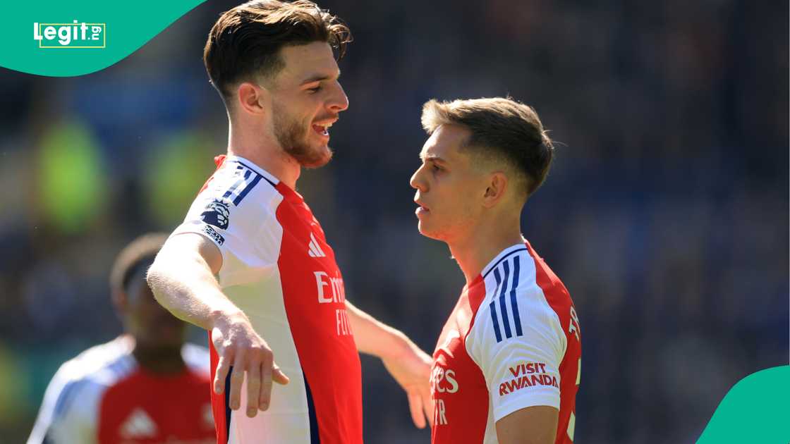 Declan Rice, Leandro Trossard, Arsenal, Everton, Goodison Park, Liverpool, England, Premier League. Declan Rice, Leandro Trossard, Arsenal, Everton, Goodison Park, Liverpool, England, Premier League.