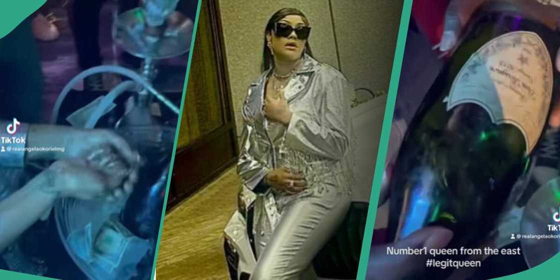 Angela Okorie washes hands with champagne in club. Angela Okorie washes hands with champagne in club.