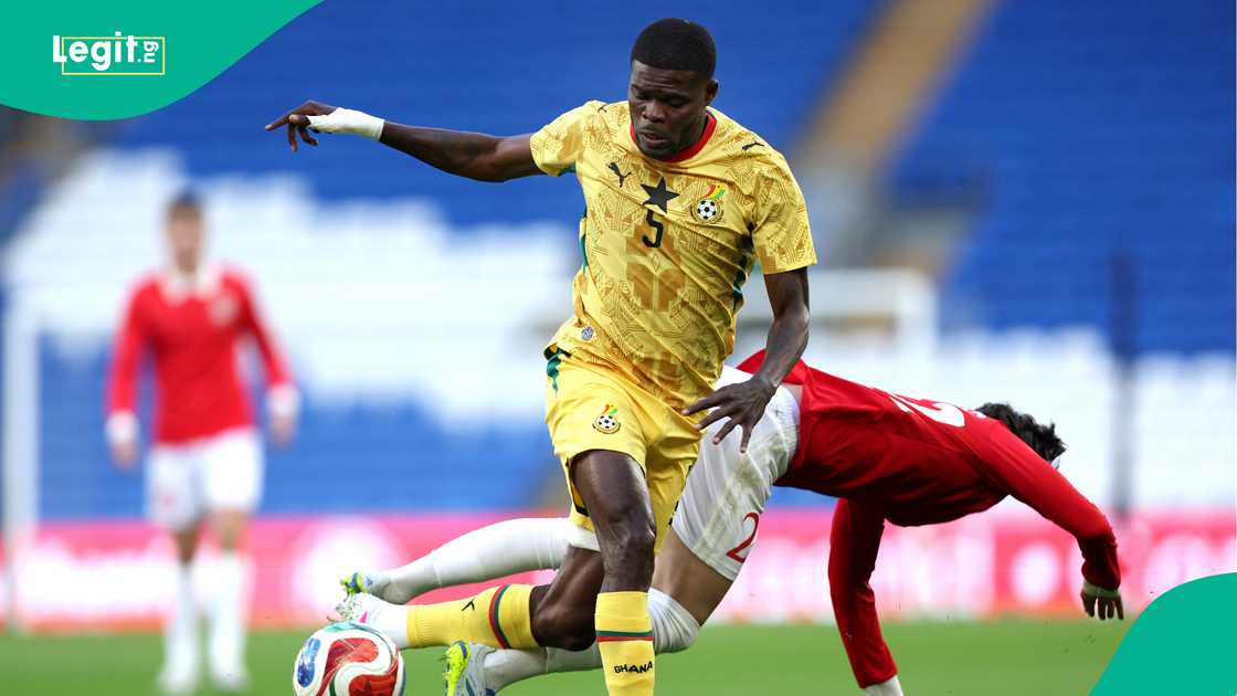 Thomas Partey in action for Ghana in Friendly match against Wales at Cardiff City Stadium. Photo by Ryan Hiscott