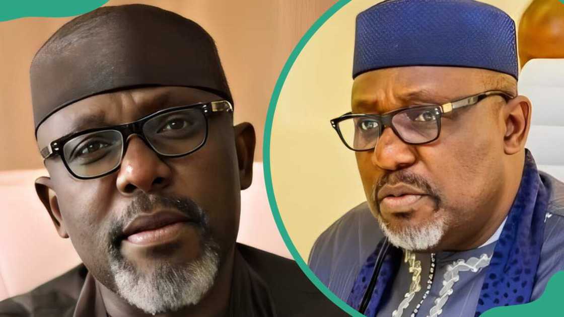 Senator Rochas Okorocha in black (L). The senator in blue (R)