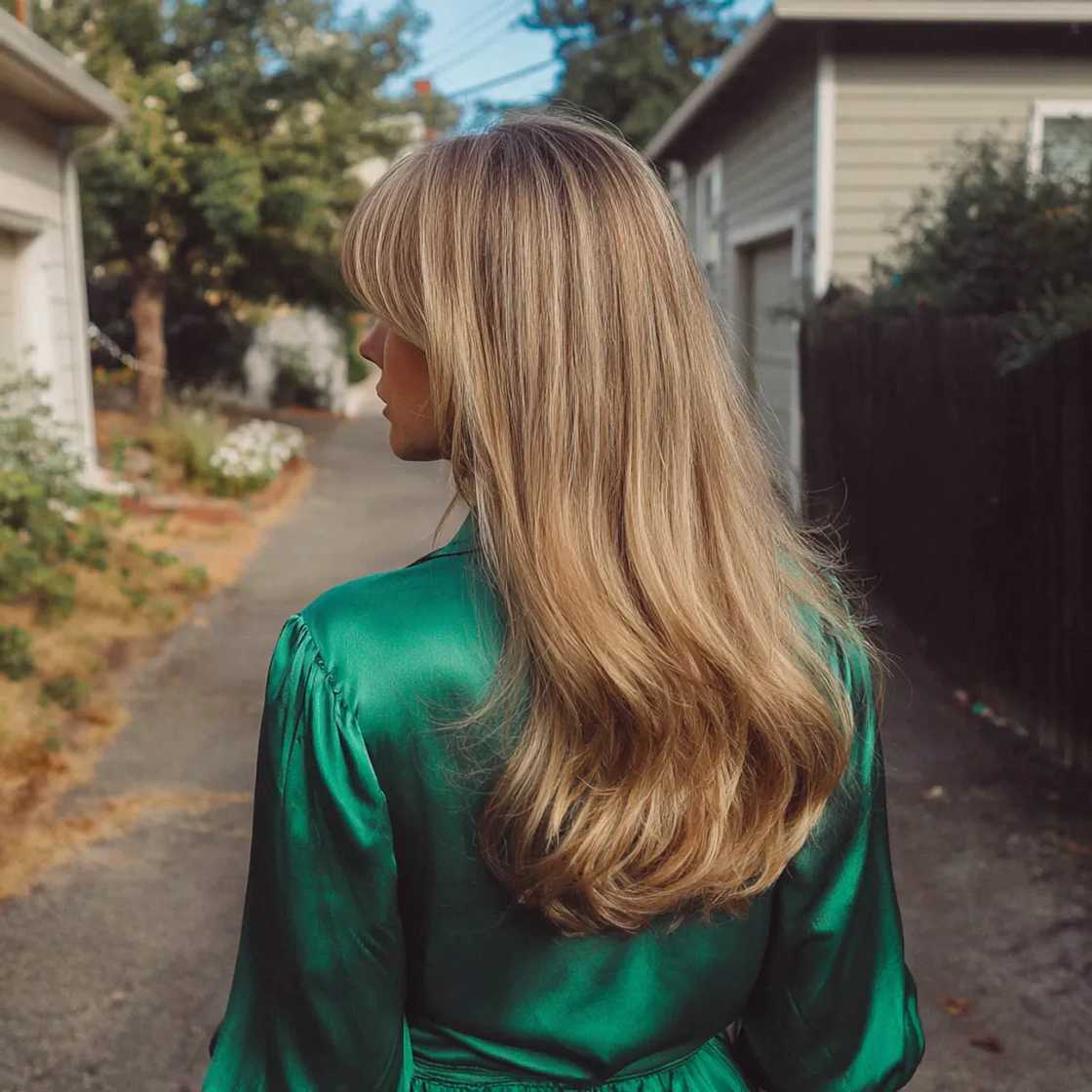 A woman walking down a driveway A woman walking down a driveway