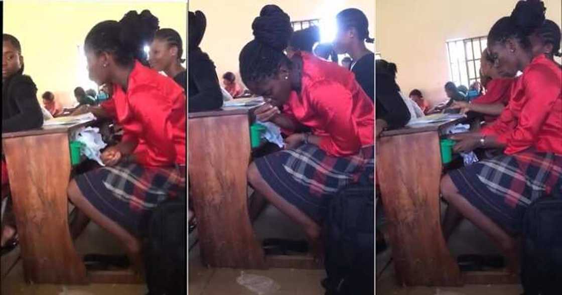 Female student consumes garri and soup in class Female student consumes garri and soup in class