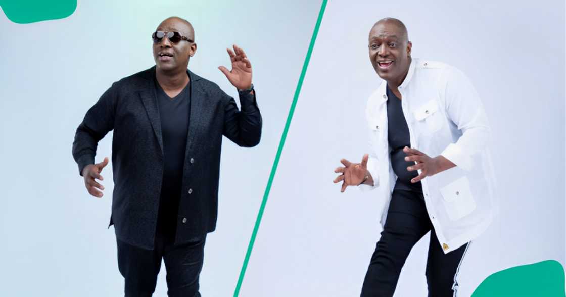 Sammie Okposo poses in light and dark outfits against a white background. Sammie Okposo poses in light and dark outfits against a white background.