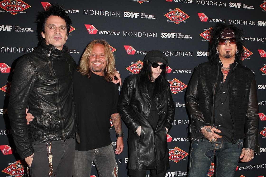 Drummer Tommy Lee, vocalist Vince Neil, guitarist Mike Mars and bassist Nikki Sixx of Motley Crue at the Mondrian Los Angeles