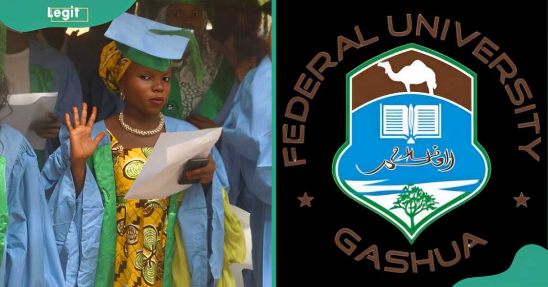 A graduating FUGA student is pictured standing (L). The Federal University Gashua logo (R).