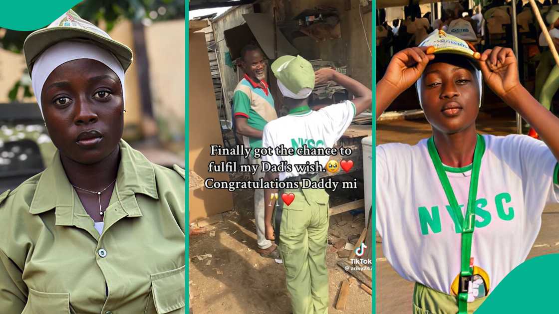 A corps member, Zainab Opeyemi Ayilara, goes viral on TikTok after performing a march-past and national salute for her father in Lagos following her NYSC orientation camp, celebrating his sacrifices and sharing her NYSC experience.