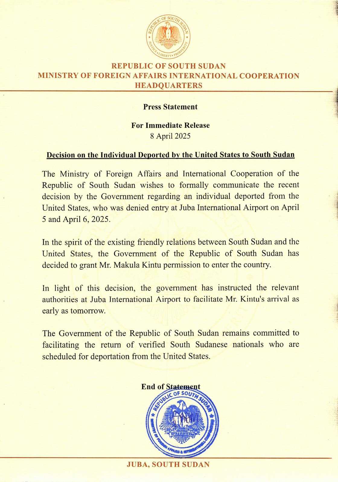 South Sudan Announces It Will Allow Entry of a Man Deported from US After Visa Cancellation South Sudan Announces It Will Allow Entry of a Man Deported from US After Visa Cancellation