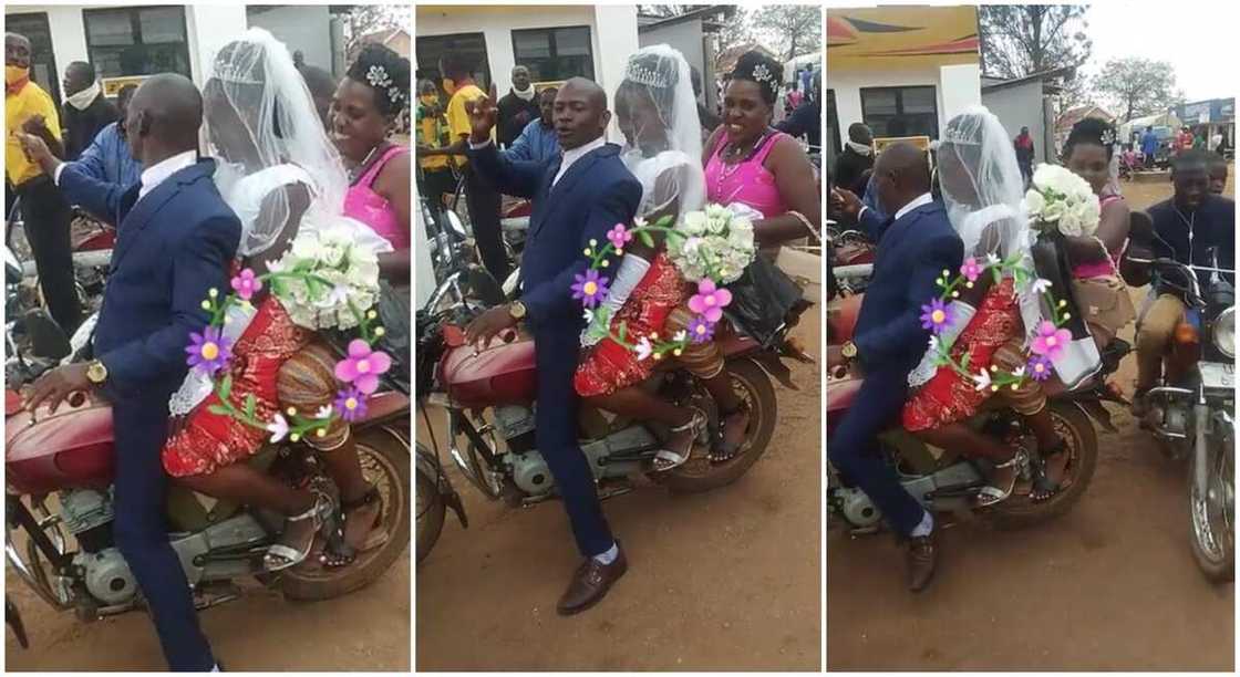 Photos of a black man riding his bride to church on their wedding day. Photos of a black man riding his bride to church on their wedding day.