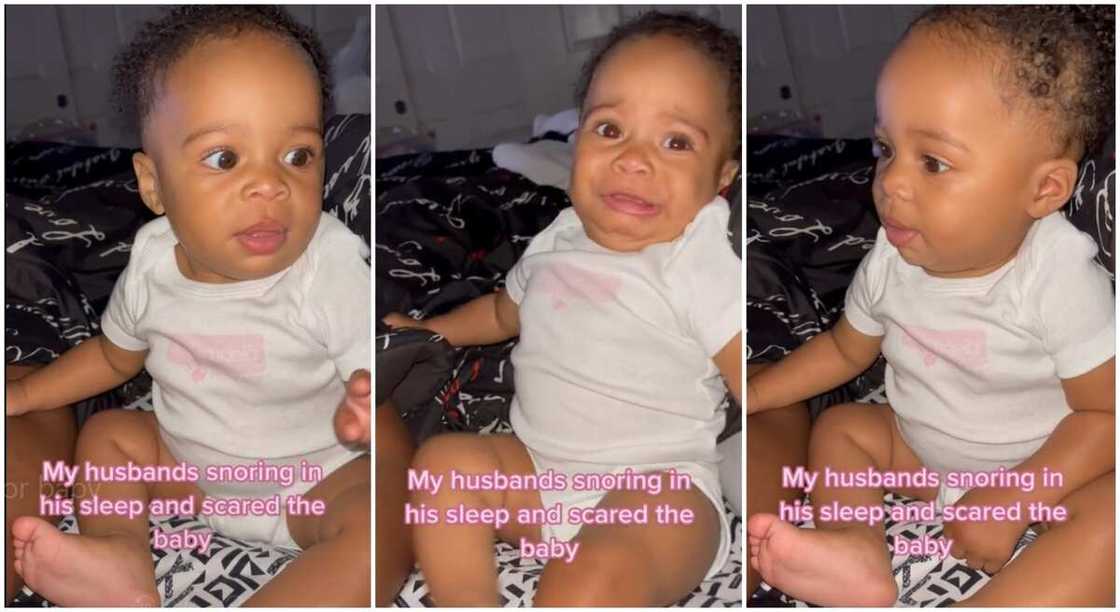 Photos of baby girl shouting in fear and trepidation over her dad's loud snores. Photos of baby girl shouting in fear and trepidation over her dad's loud snores.