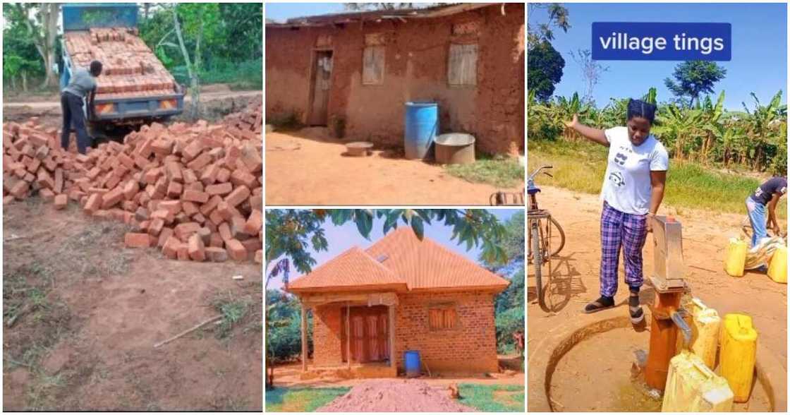 Mud house, nice house, lady demolishes mum's mud house, lady builds fine house for mum