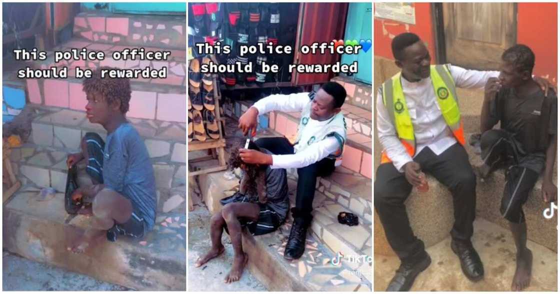 Policeman, mad boy, cleans him up, cuts his hair Policeman, mad boy, cleans him up, cuts his hair