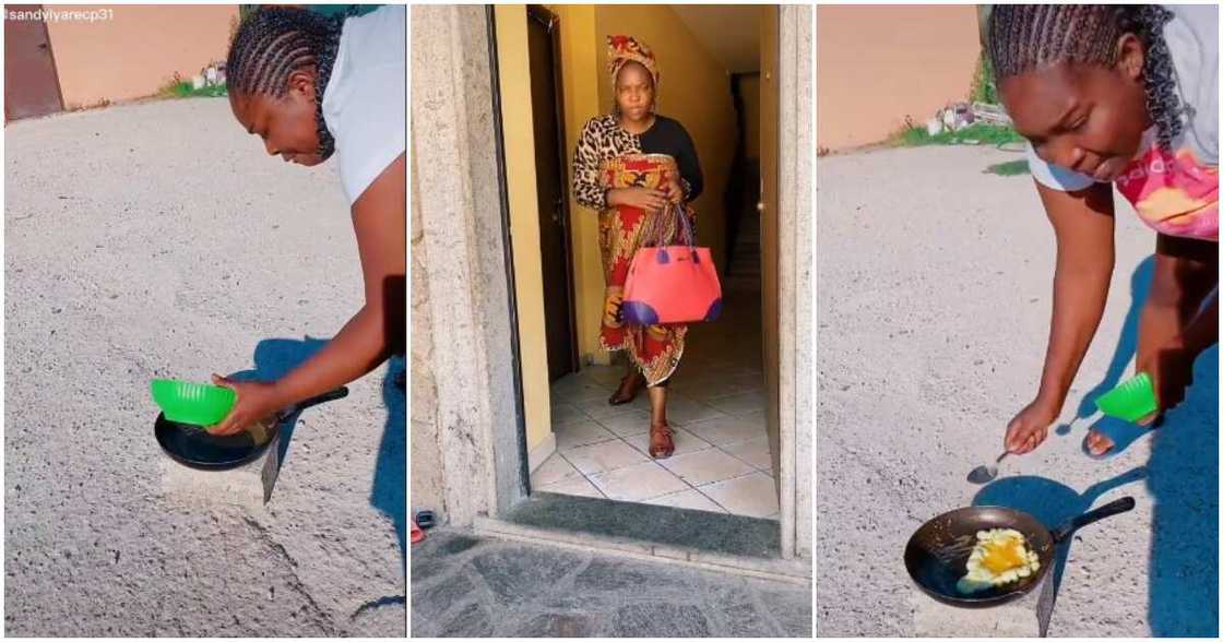 Fries eggs undr sun in Italy, hot Italy weather, fry eggs in Italy, lady cooks under sun in Italy Fries eggs undr sun in Italy, hot Italy weather, fry eggs in Italy, lady cooks under sun in Italy