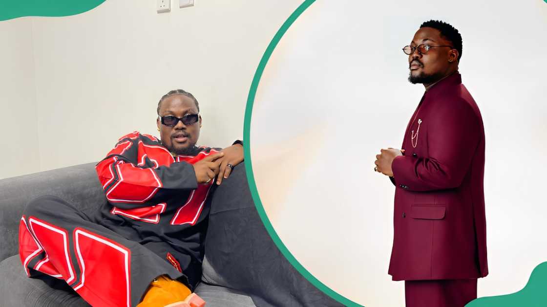 Rooboy posing while sitted on a grey couch (L). Rooboy posing in a maroon suit (R).