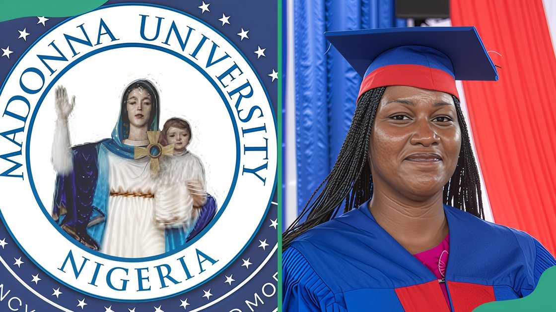 Madonna University logo and student graduating Madonna University logo and student graduating