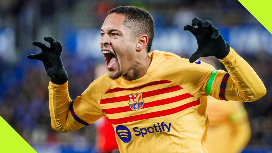 Victor Roque celebrates a goal for Barcelona. Victor Roque celebrates a goal for Barcelona.