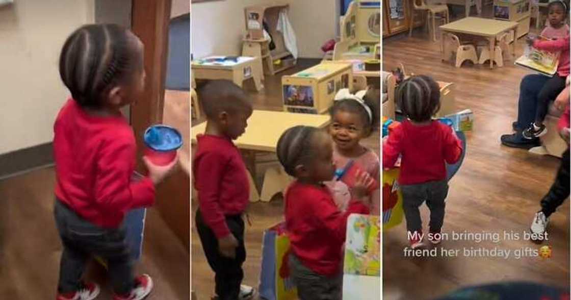 Little boy presents gift to classmate Little boy presents gift to classmate