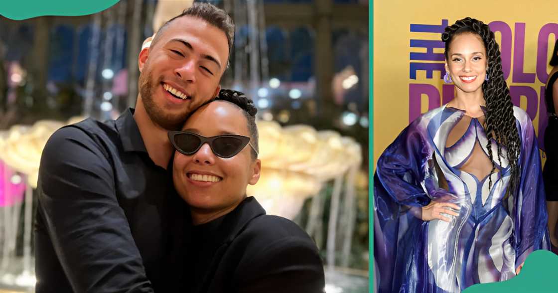 Alicia Keys hugs her brother, Cole Cook (L). The singer poses standing at the premiere of The Colour Purple (R).