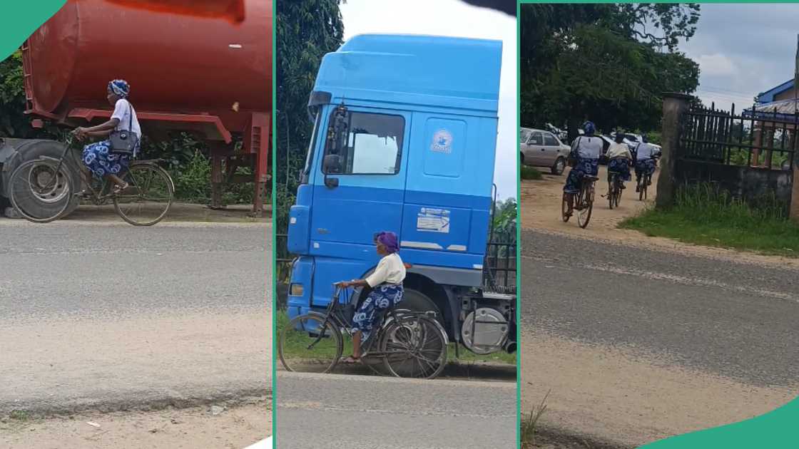 Women riding bikes to church.