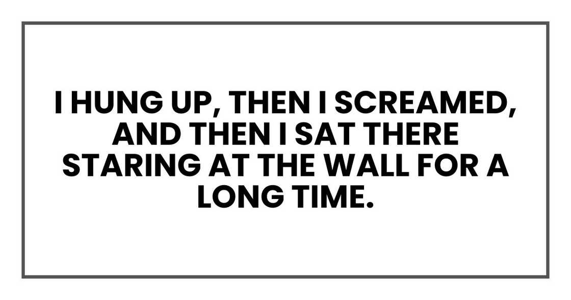 I hung up, then I screamed, and then I sat there staring at the wall for a long time. I hung up, then I screamed, and then I sat there staring at the wall for a long time.