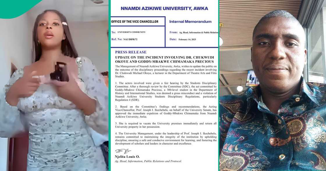 UNIZIK speaks after expelling female student Goddy Mbakwe Precious for assaulting lecturer Dr Chukwudi Okoye