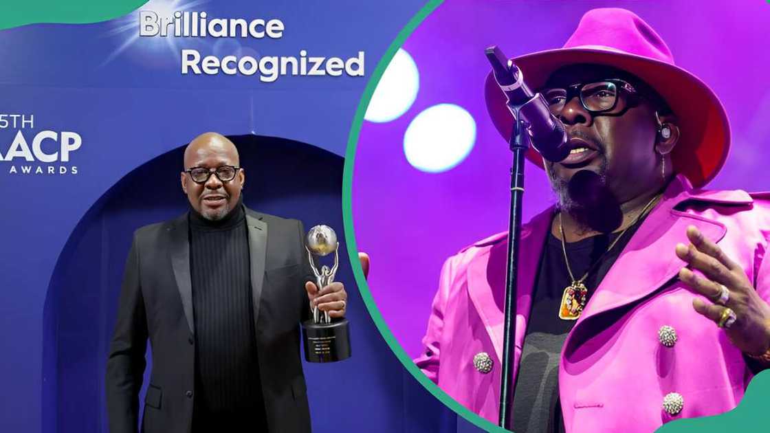 Bobby Brown attends the 55th NAACP Image Awards (L). Brown performing at the 2022 Essence Festival of Culture (R)