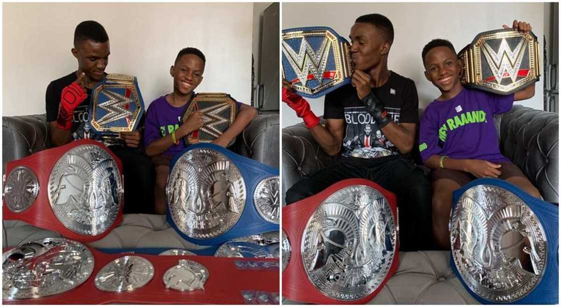 Photos of two Nigerian TikTokers, the Dikeh brothers holding WWE title belts. Photos of two Nigerian TikTokers, the Dikeh brothers holding WWE title belts.
